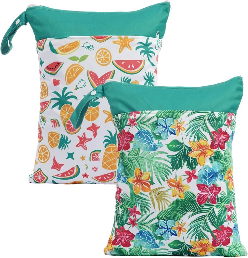 CoolaPeach 2pcs Wet Bags Waterproof Reusable Wet Dry Bag with Two Zippered Pockets Travel Beach Pool Daycare Yoga Gym Bag for Baby Cloth Diaper,Swimsuits,Wet Clothes (Flowers & Fruits) - Image 1